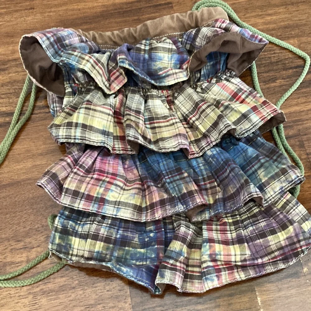 Ruffled Drawstring Bag Backpack Plaid Brown Frills Y2K Casual Lizzie McGuire